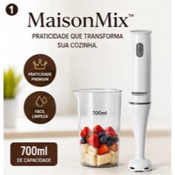 Mixer de Mão Elétrico 127V MaisonMix™ com Copo 700ml Mixer Portátil para Sucos Vitaminas Molhos Sopas e Cremes