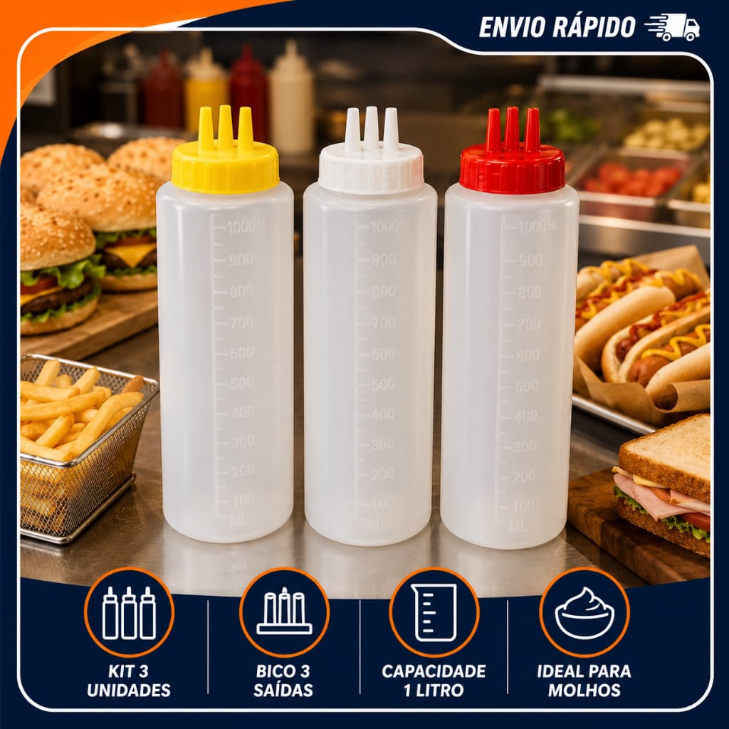 Kit Bisnagas 3 Bicos 1 Litro Profissional – Maionese, Mostarda e Ketchup