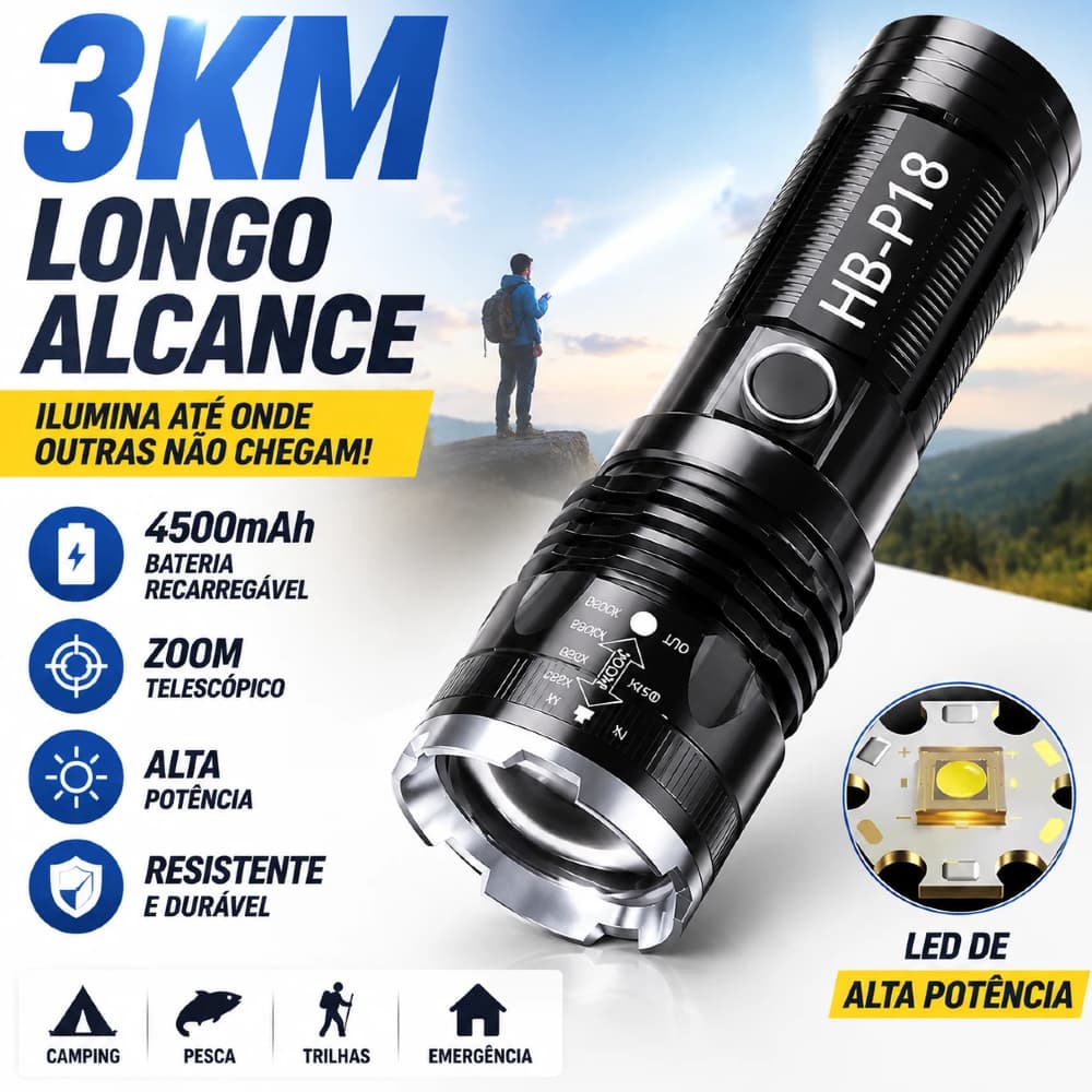 Lanterna Laser Branco Alta Potência 4500mAh Zoom Telescópico 3km Ultra-Longo Alcance