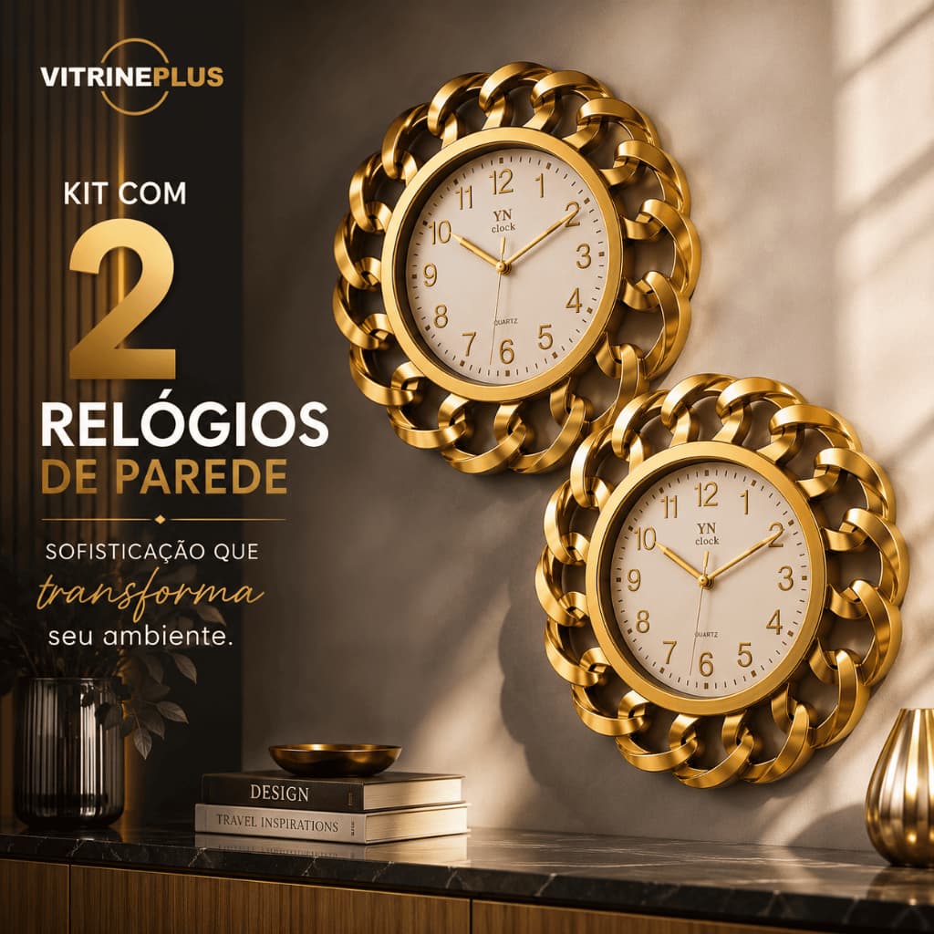 Relógio de Parede Decorativo Dourado Sala Quarto 1 ou 2 Unidades