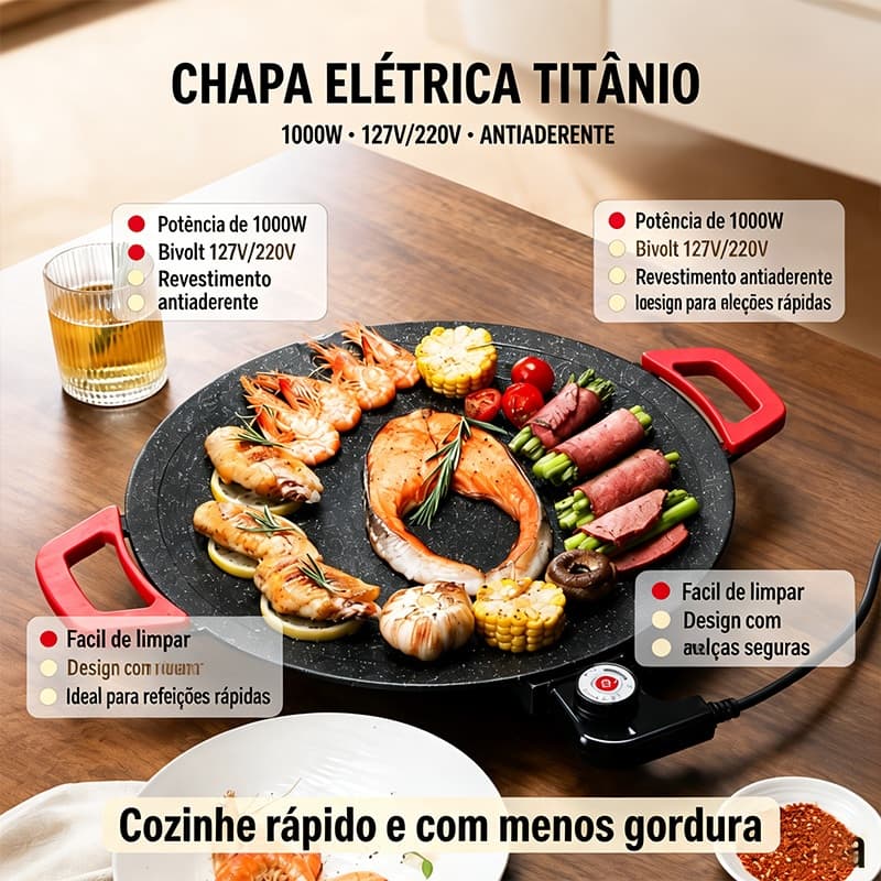Churrasqueira Elétrica 1000W Bivolt 36cm - Grill Antiaderente Sem Fumaça, 5 Níveis para Churrasco