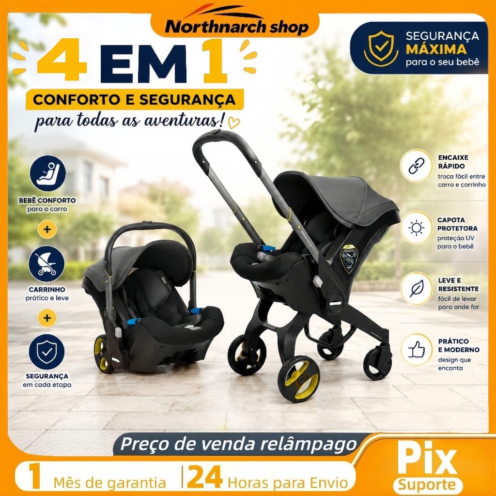 Carrinho de Bebê 4 em 1 Travel System com Bebê Conforto Cadeirinha e Base Confortável e Seguro
