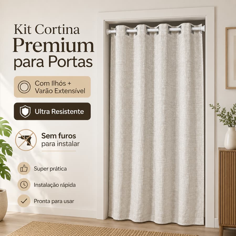 Kit Cortina para Porta em Linho 1,40cm x 2,20cm 1 Parte com Varão Ajustável - Fácil Instalação
