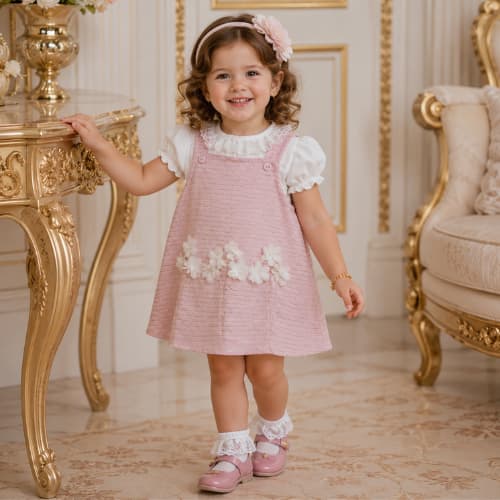 Vestido Infantil Bebê Menina com Blusa Manga Curta Bordado com Aplique de Flores3D Delicado Luxo Festa BROKINHA REF 4469