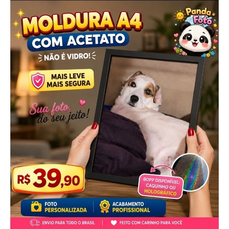 Quadro A4 Personalizado com Foto | Frente em Acetato (Não é Vidro) | Moldura de Madeira | Presente Personalizado