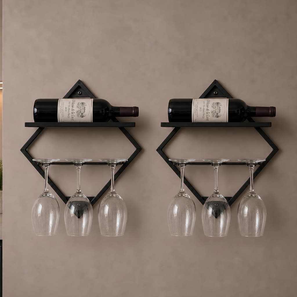 Kit 2 Prateleiras Suporte Para 6 Taças De Parede Com Porta Garrafa Adega Barzinho