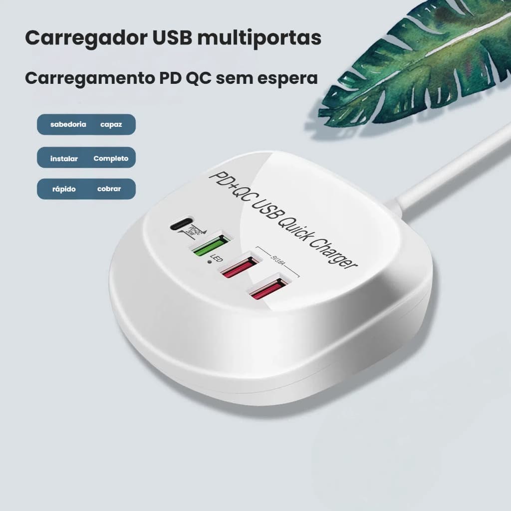 Carregador Rápido de Mesa 4 Portas USB PD + QC 3.0 com 2 USB-C e 2 USB-A Multiportas