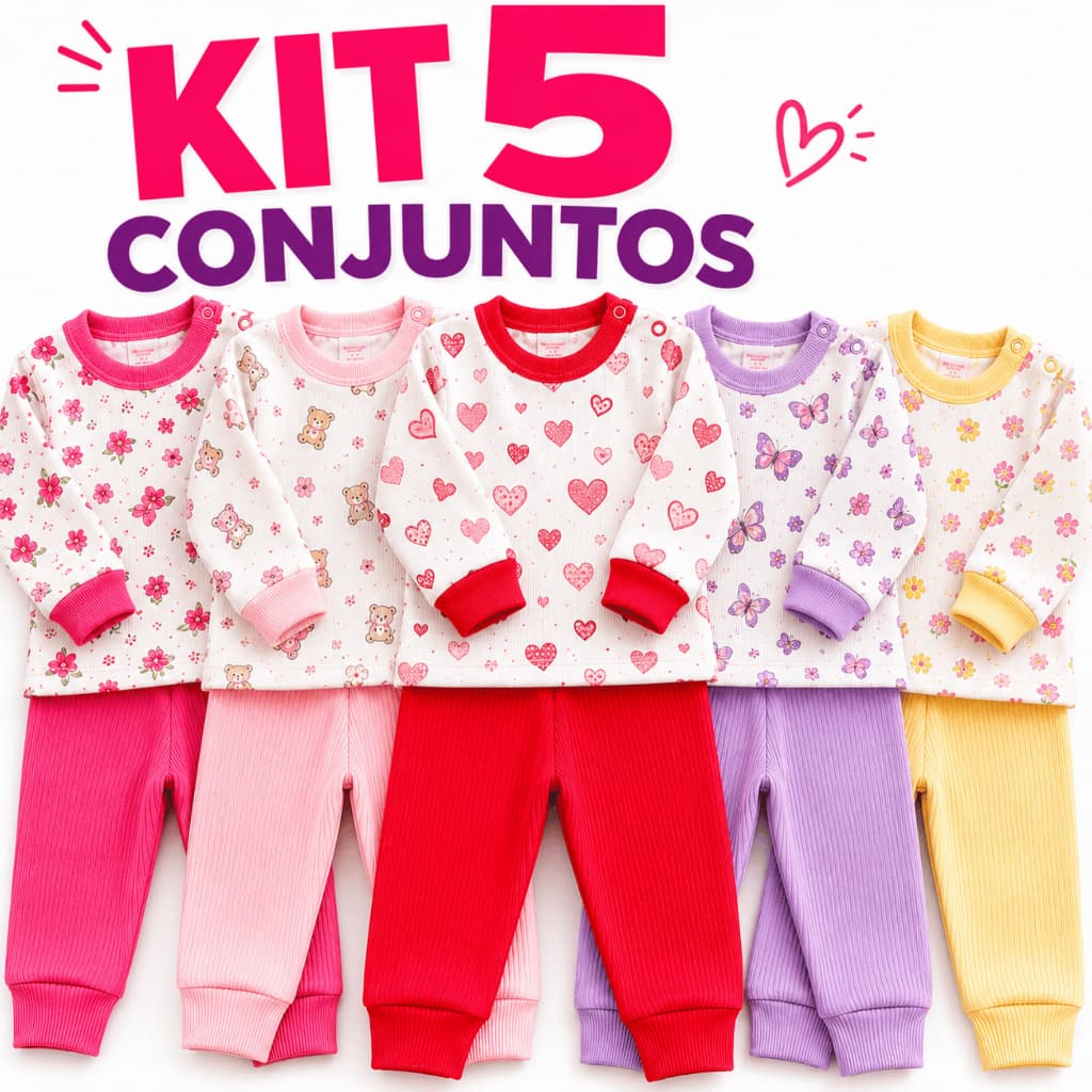 Kit 5 Conjuntos Bebê Menina 100% Algodão Manga Longa Roupa Bebê Enxoval Recém-Nascido RN P M G