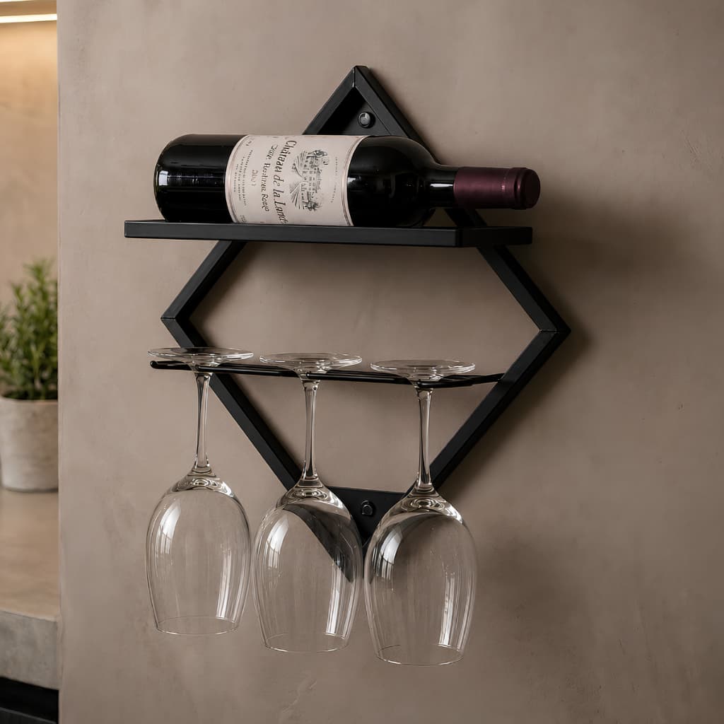 Prateleira Suporte Para 3 Taças De Parede Com Porta Garrafa Adega Industrial Bar