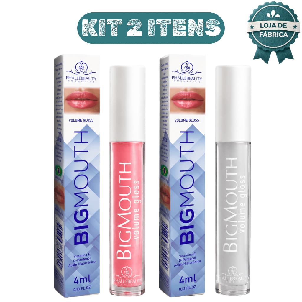Kit 2 Gloss Volumizador Labial Big Mouth Vitamina E D-Pantenol Rosa e Incolor Phallebeauty