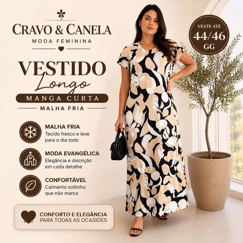 Vestido Longo Feminino Malha Fria Manga Curta Moda Evangélica Casual Estampado Confortável G 44/46