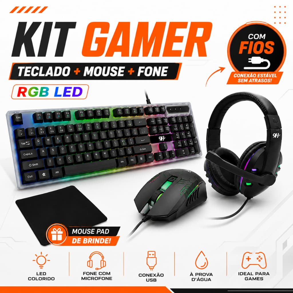 Kit Gamer Teclado Mouse Gamer Led Rgb+Fone Headset+Mouse Pad
