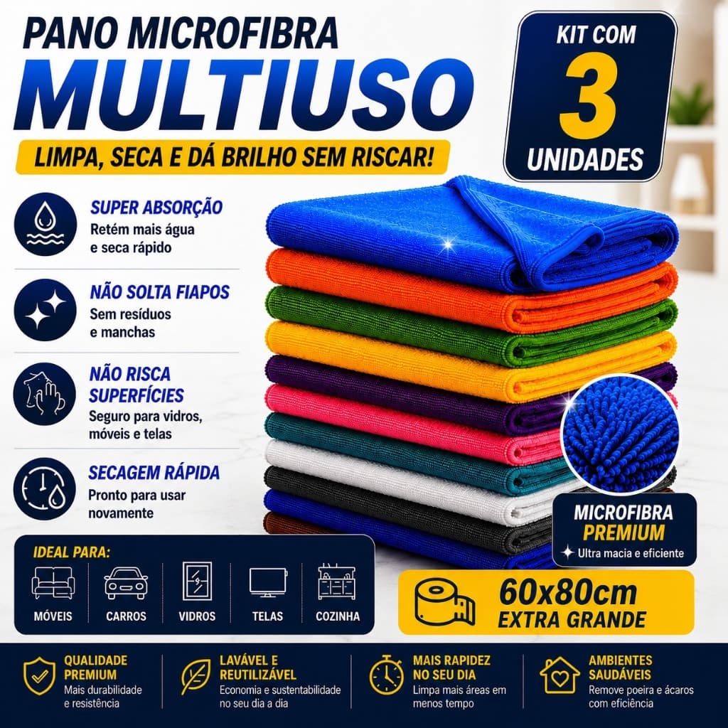Pano Flanela Microfibra Multiuso 60 X 80 Cm - Kit 3 uni - Neves - Pano de Chão Limpeza Geral - Polimento