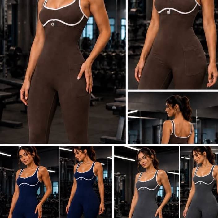 Macacão Fitness Feminino Longo Com Bolso Academia Treino Detalhe Branco Modelador