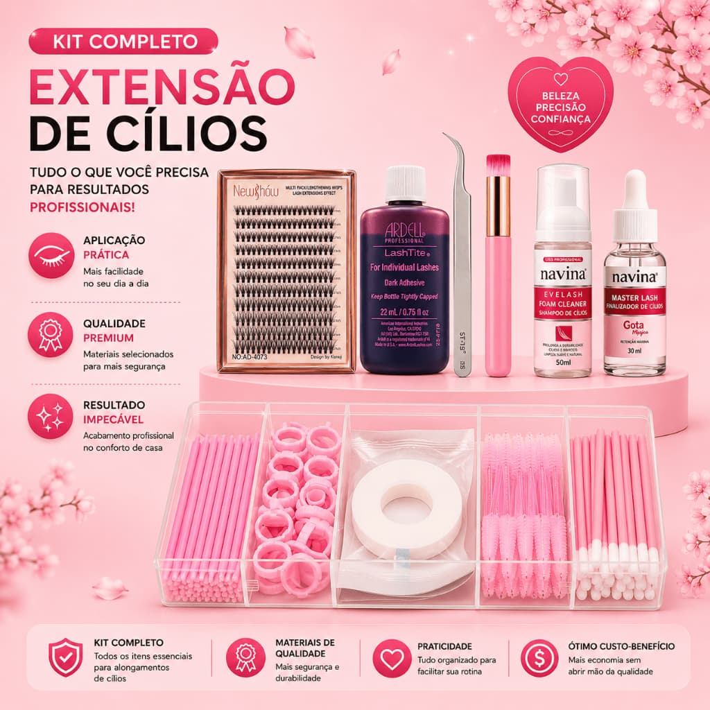 Kit Tufinho Cilios New Show Cola Ardell Lanell Salon Espuma e Finalizador Gota Magica Navina