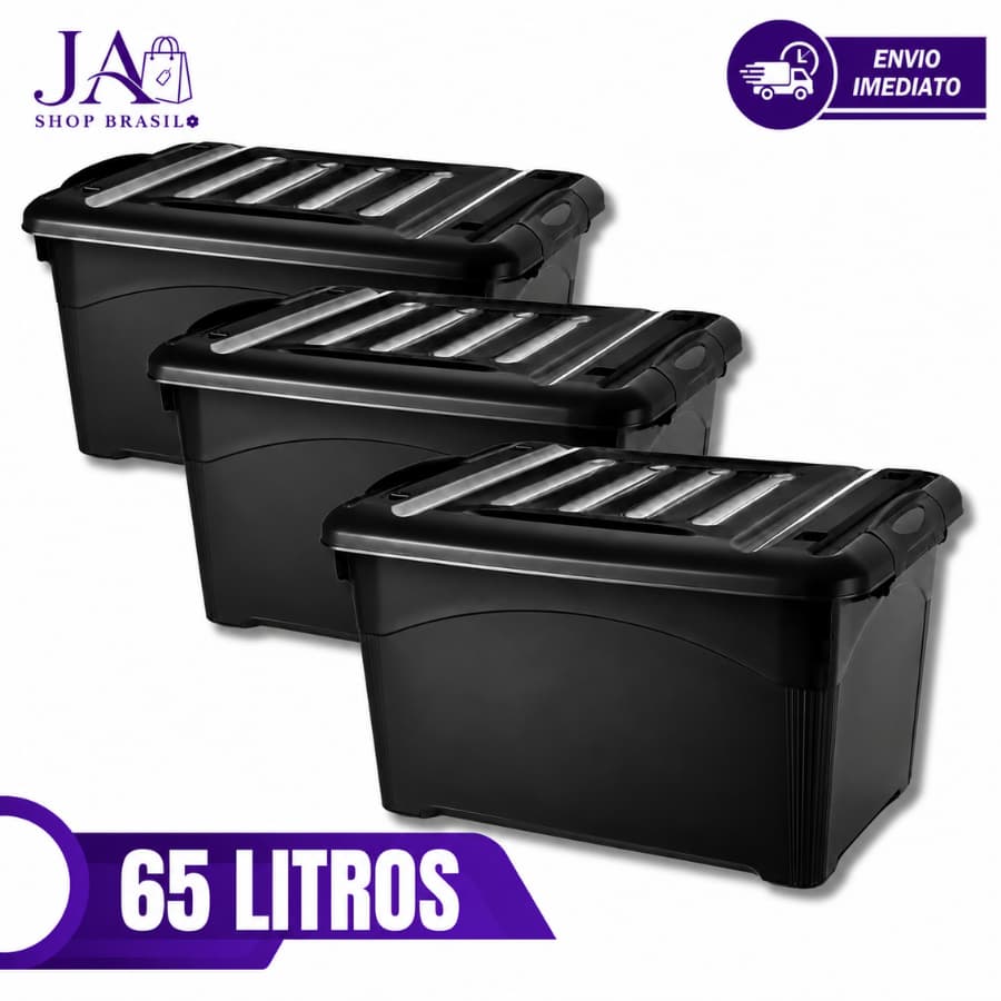 Kit 03 Caixas organizadoras 65 Litros De Plástico Preta Com Rodinhas e Travas Para Transporte