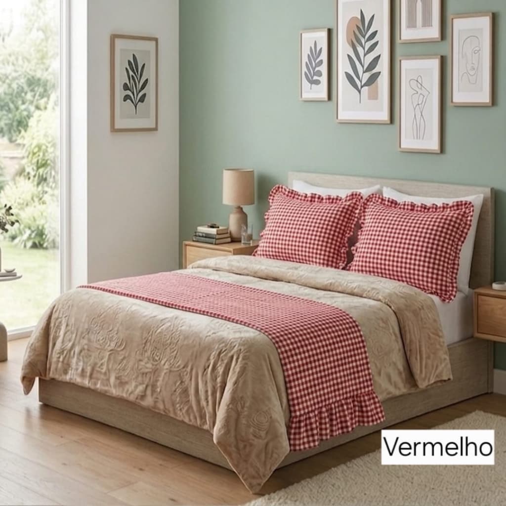 Kit Peseira Farm Com 2 Fronhas Decorativa Quarto Cama Casal Queen King 3 Peças Xadrez