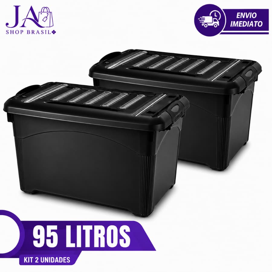 Kit 02 Caixas Organizadoras Preta 95 Litros Plástico Durável Resistente Com Rodinhas e Travas Para Transporte