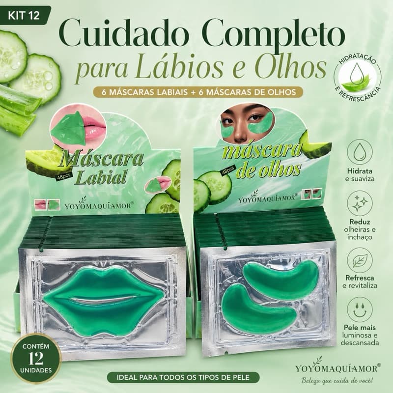 Kit 12 Máscara de Colágeno para Lábios e Olhos | Hidratação Profunda | Revenda