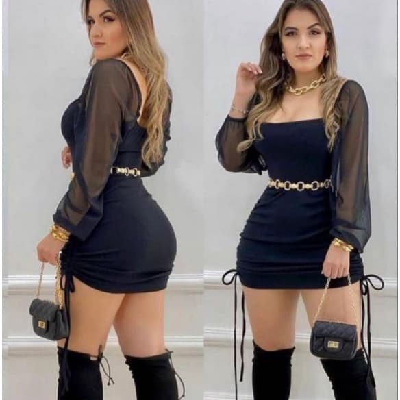 Vestido Malha Crepe Gringa Femenino Manga Tule Bufante Juliete Com Bojo Tendencia