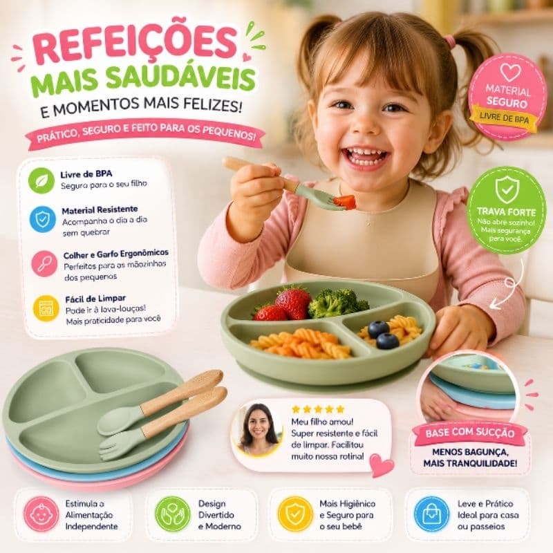 Kit Prato Pratinho Infantil Silicone + Talhe e Divisórias intodução alimentar Para Bebê Antiderrapantes