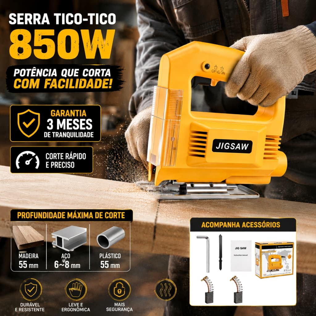 Serra Tico-Tico 850W Profissional Elétrica Corte Madeira Aço Plástico com Acessórios