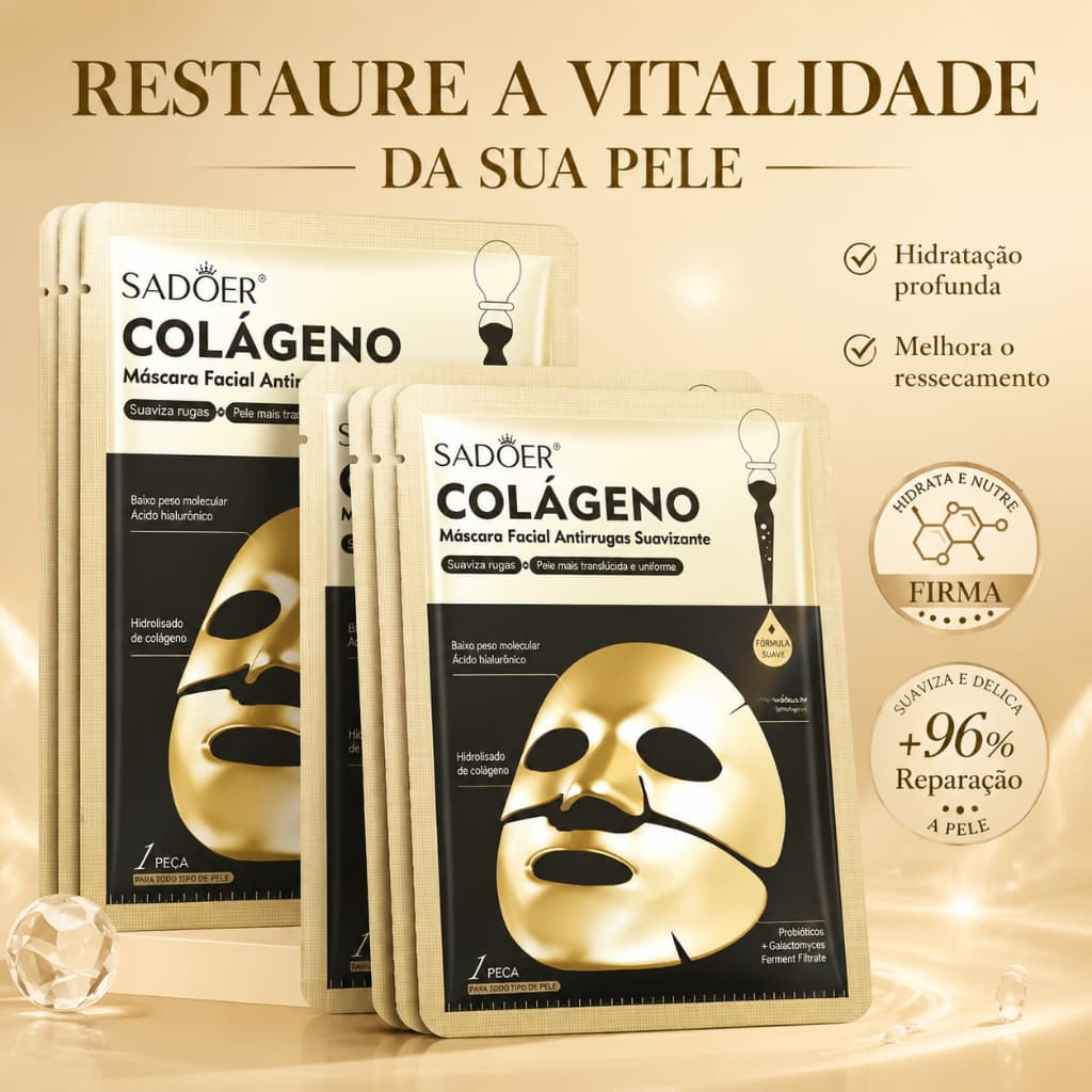 Máscara Facial de Colágeno Dourada Sadoer com Ácido Hialurônico e Probióticos, Hidratação Profunda, Cuidado Anti Idade e