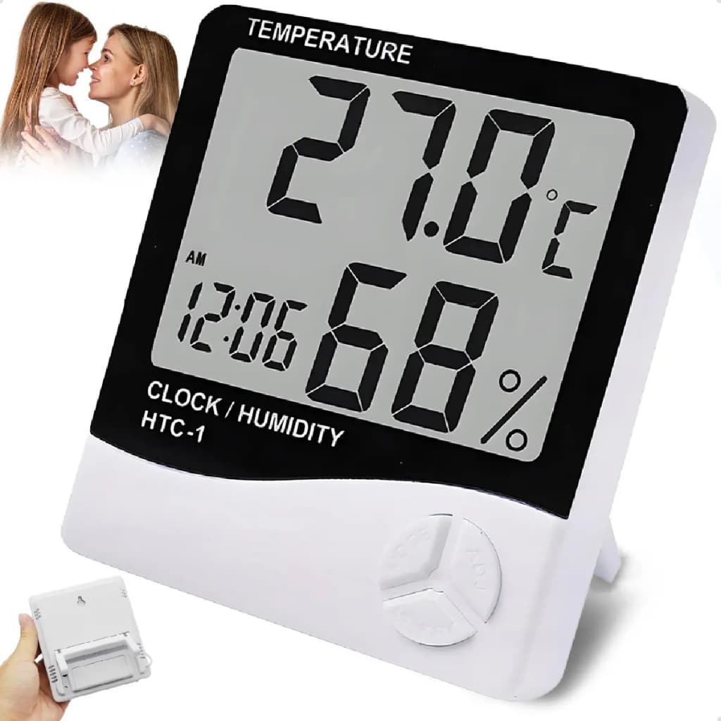 Termo Higrômetro Digital com Sensor Externo LCD Medidor de Temperatura e Umidade Relógio