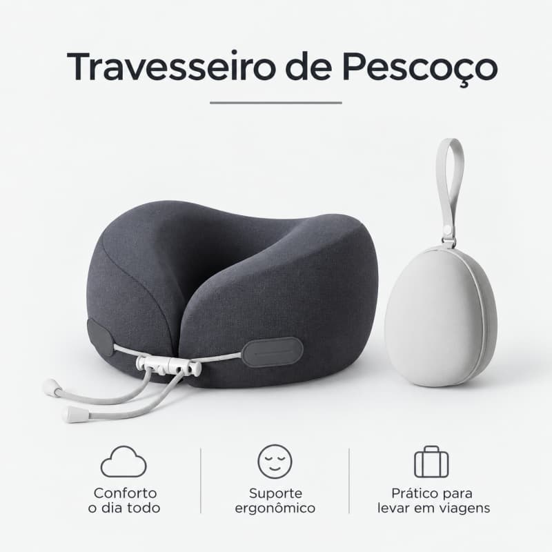 Travesseiro de Pescoço para Viagem com Espuma Tipo Nasa Ergonômico com Estojo Compacto