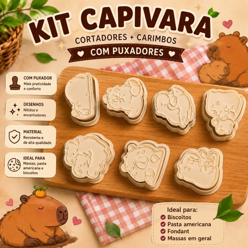 Kit 7 Cortadores Capivara com Carimbos e Puxadores | Ideal para Biscoitos, Pasta Americana, Fondant e Massas
