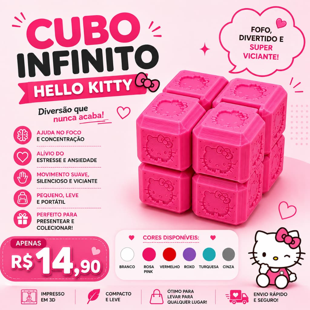 Cubo Mágico Infinito Hello Kitty - Fidget Toy Anti Estresse e Ansiedade - impressão 3D