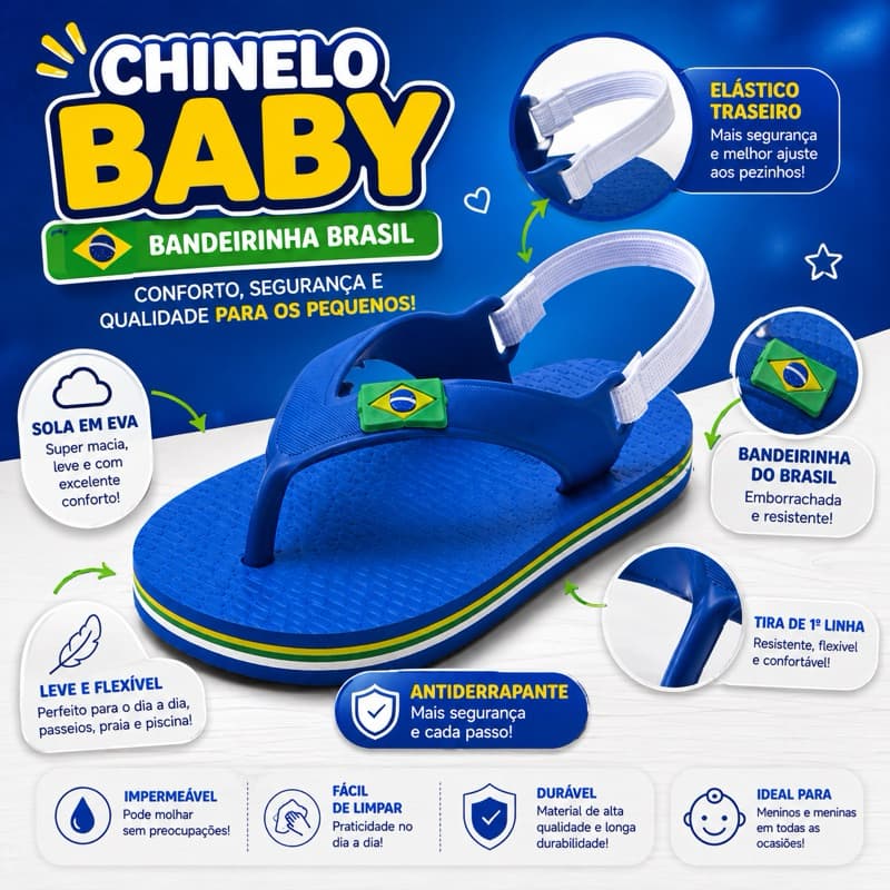 Chinelo Bebê Infantil EVA Bandeirinha Brasil com Elástico Traseiro Macio Antiderrapante