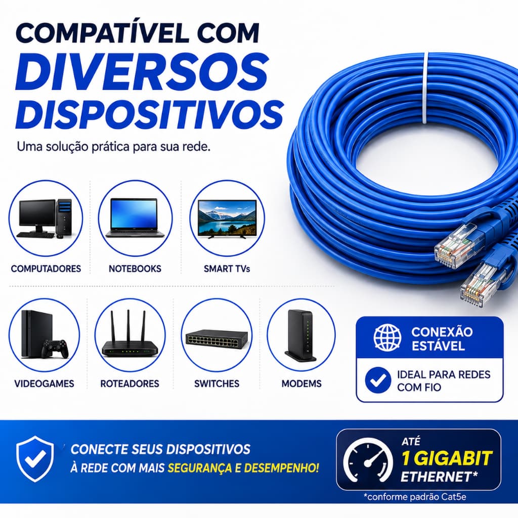 Cabo de Rede Cat5e 15 Metros RJ45 Ethernet Gigabit Internet LAN Azul para PC Roteador Smart TV Notebook