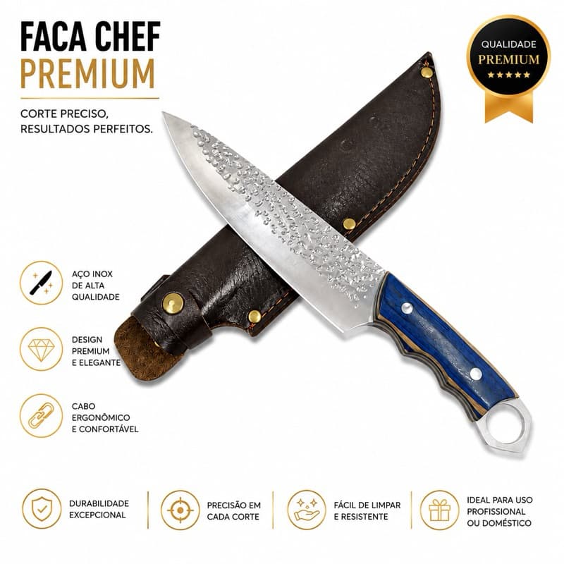 faca do chef premium profissional full tang com cabo híbrido de madeira + bainha em couro