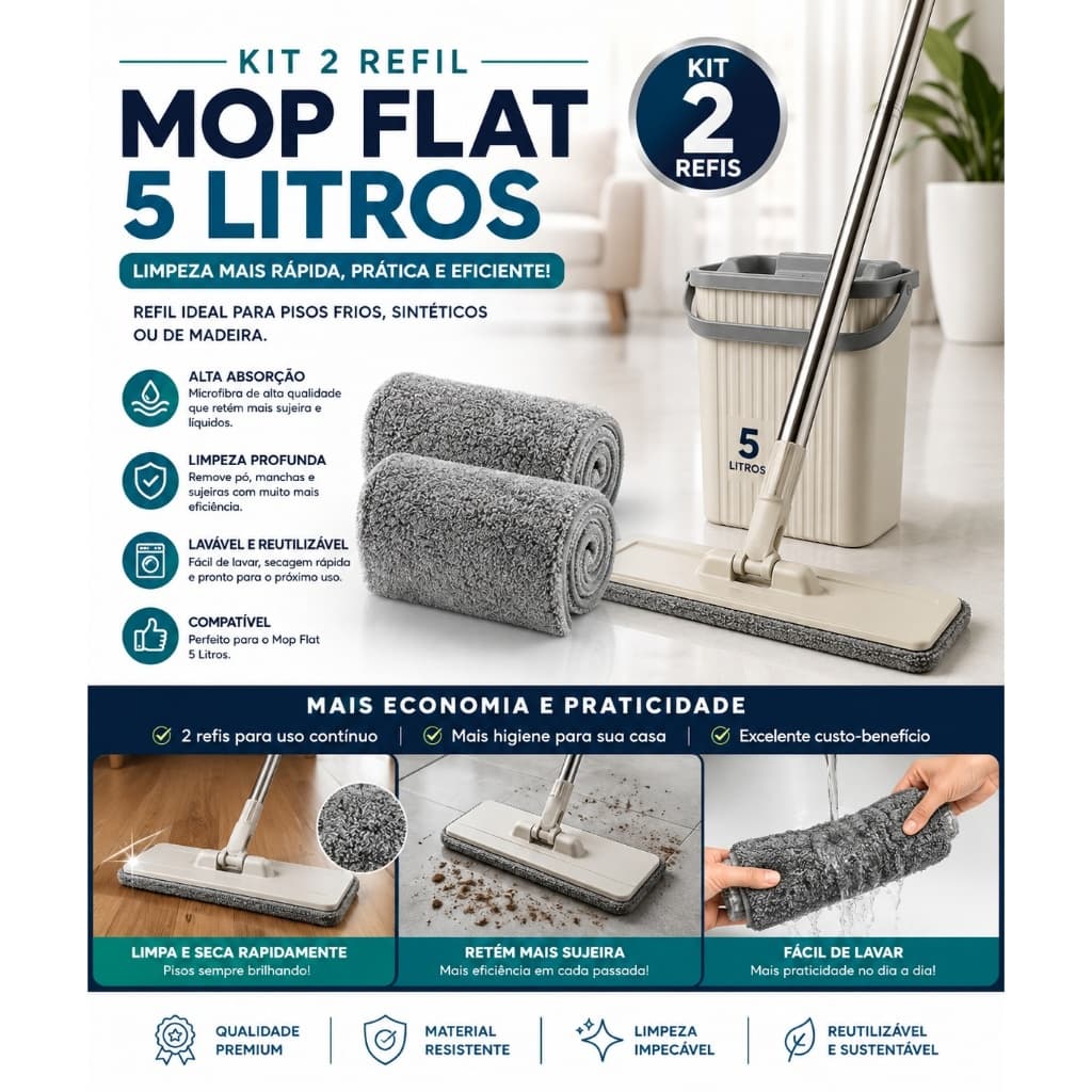 Kit 2 Refil Mop Flat Capacidade 5 Litros Alta Absorcao Facil Troca Durabilidade