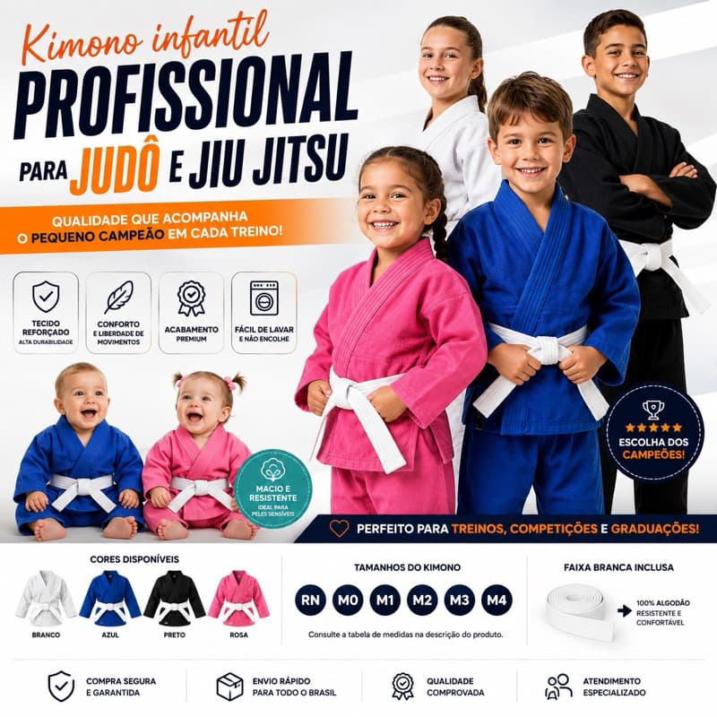 KIMONO JUDÔ E JIU JITSU | INFANTIL | AZUL, BRANCO, PRETO E ROSA