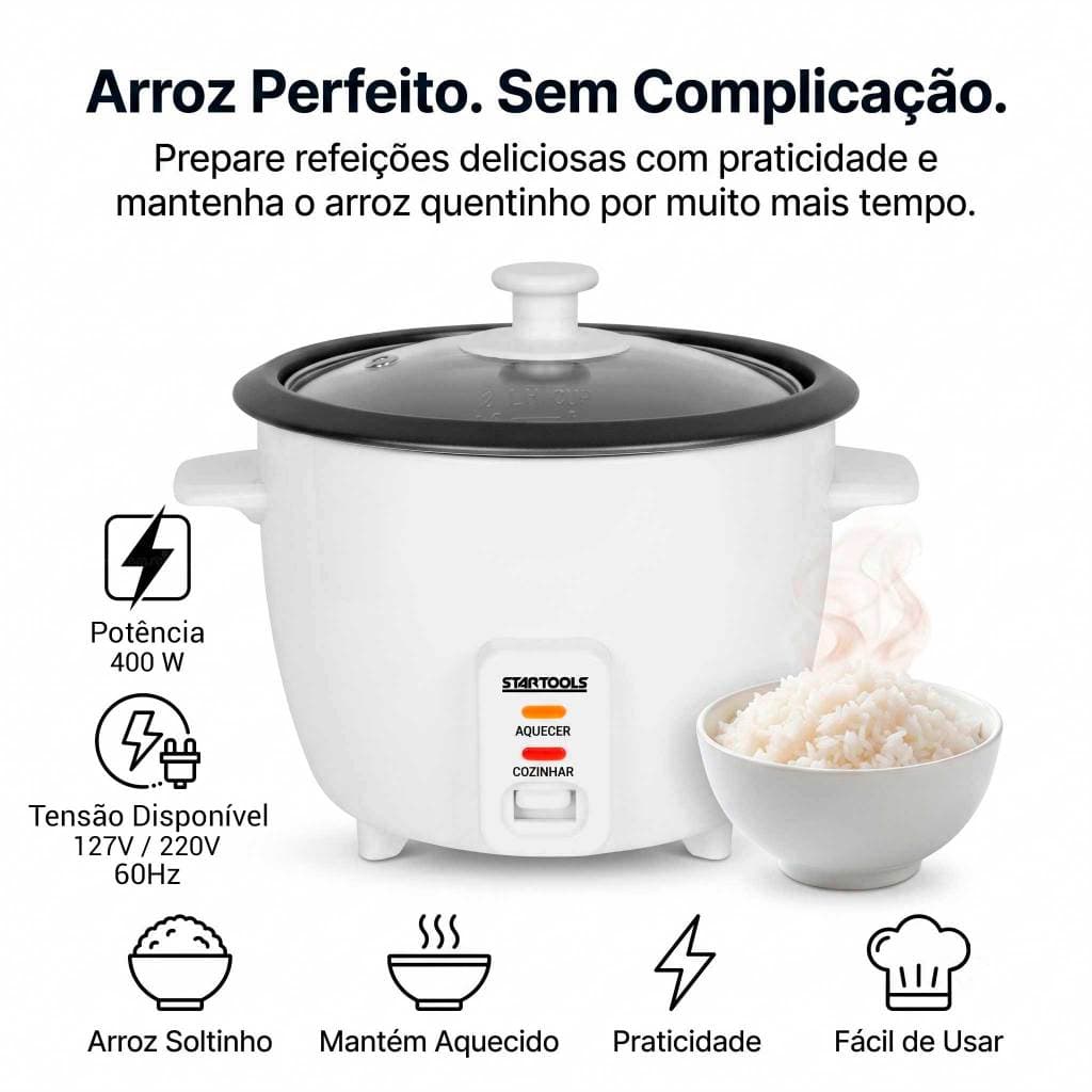 Panela de Arroz Elétrica 1,3L Com Bandeja Vapor Antiaderente com Aquecimento 127V/220V Branca