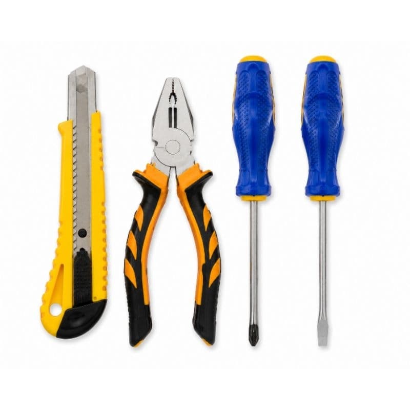 Kit Ferramentas Mini 4 Peças Estilete Alicate Chaves Fenda Philips Uso Doméstico
