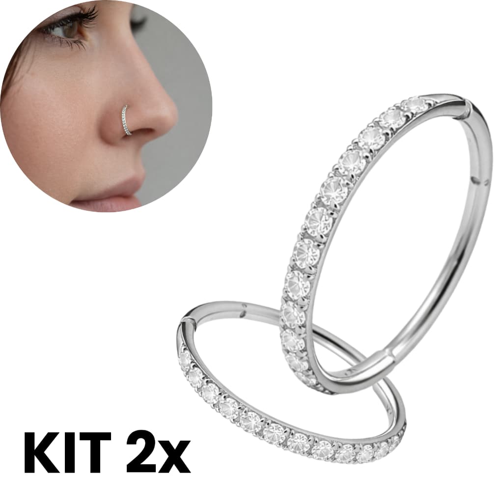 Kit 2 Piercing Titânio Argola Cravejada Cliker PVD Zircônia Nostril Fina 0.8mm Nariz Orelha Boca G23