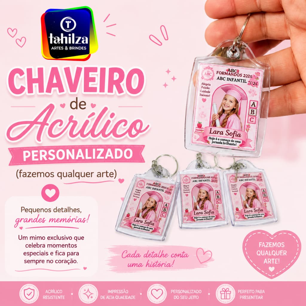 Chaveiro Acrílico Personalizado Formatura ABC 3x4cm • Lembrancinha Frente/Verso • 10 a 30 Unidades