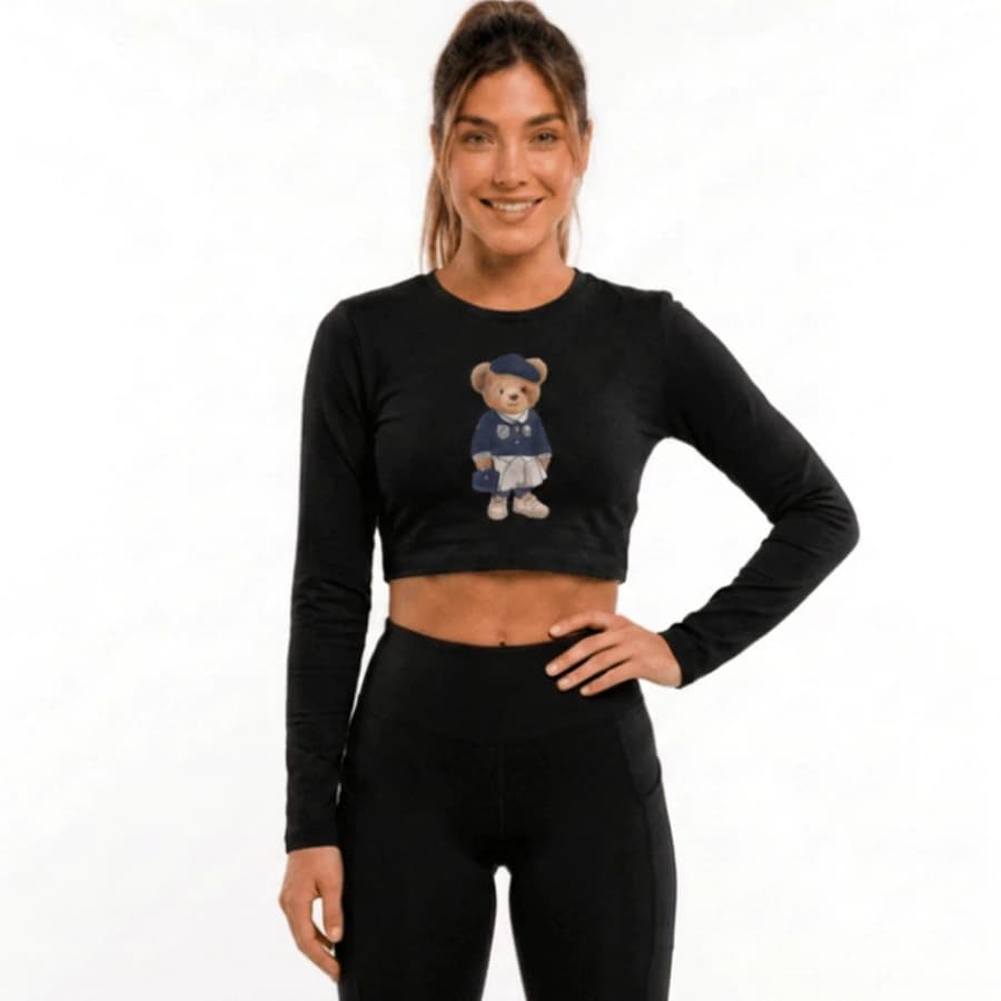 Cropped Feminino Urso Manga Longa Fitness Academia Top Esportivo Elastano Confortável Caminhada Corrida Yoga Leve Fit