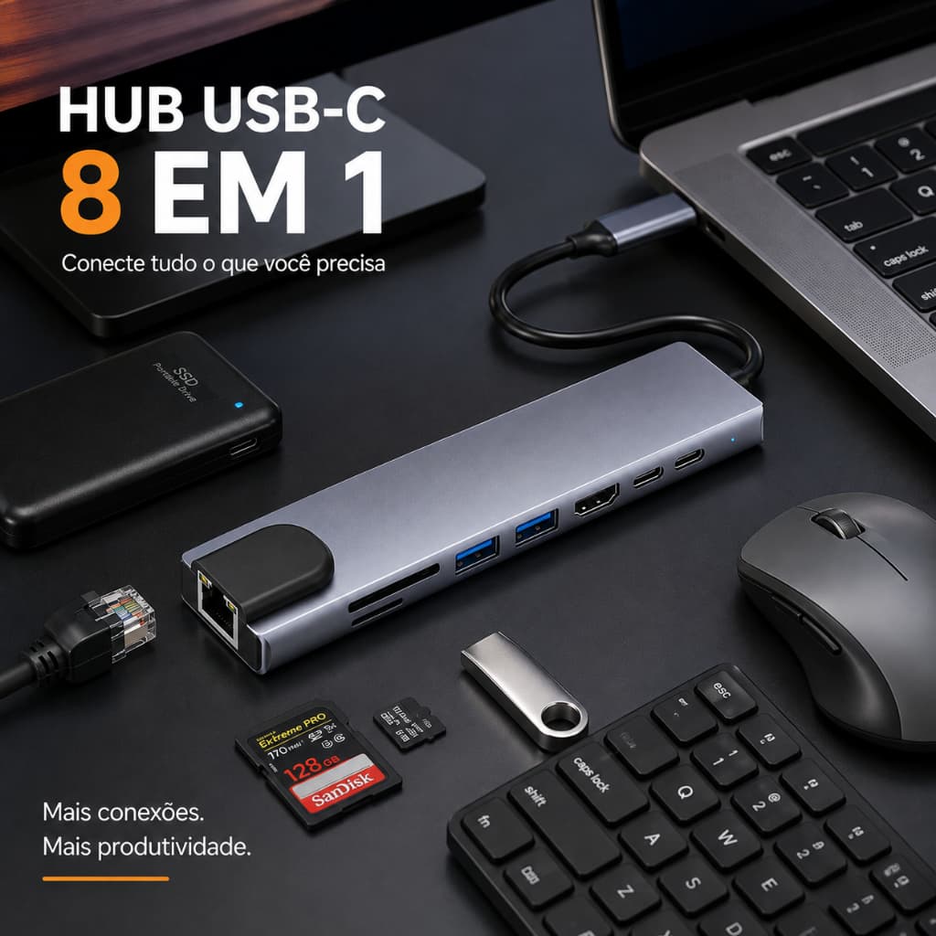 Hub USB Tipo C 8 Em 1 Adaptador Multiporta Com Saída HDMI 4K Rede RJ45 Leitor Cartão SD TF Para Notebook Laptop PC Celul