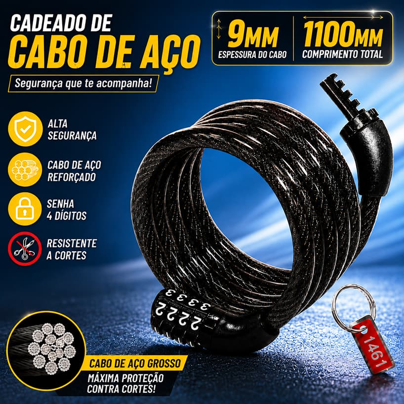 Trava Tranca Cadeado Grosso Segurança de Bicicleta e moto Reforçado Com Senha Numérica Preto Grosso Cabo de Aço Grande 9