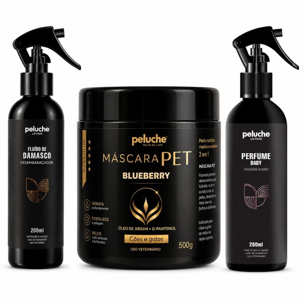 Kit Hidratação Pet Máscara Blueberry 500g Fluído Desembaraçador 200ml Perfume Baby Peluche Cães Gatos