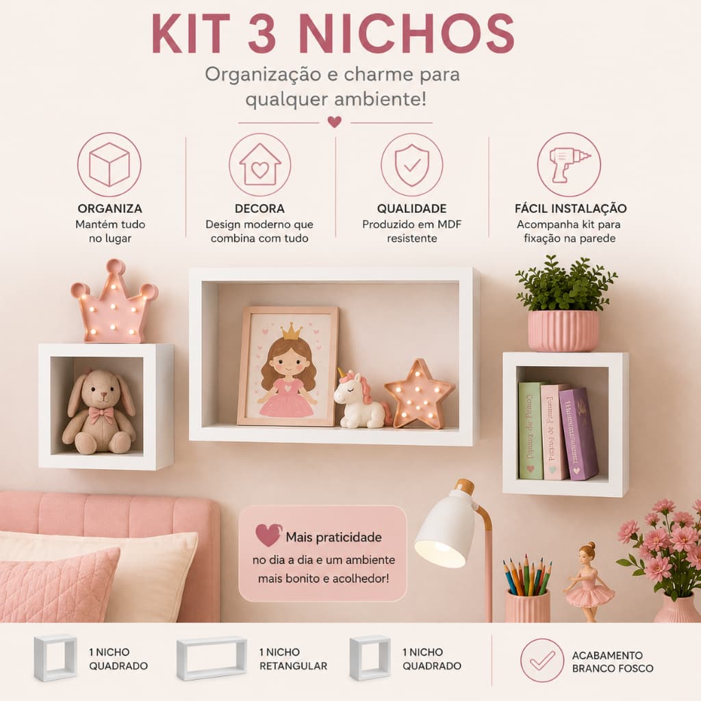 Trio de Nicho Para Sala Quarto Escritório Organização Armazenamento Decoração