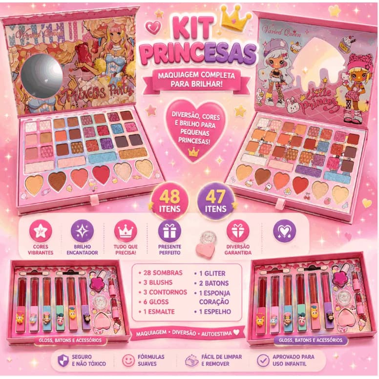 Kit Maleta Maquiagem Infantil Paleta KIT de Brilhar 47 em 1 / 48 em 1 Com Espelho