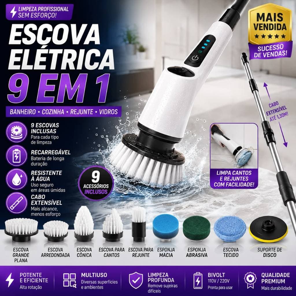 Escova  Elétrica Rotativa 9 em 1 Recarregável com Cabo Extensível l Banheiro, Cozinha, Rejunte e Vidros