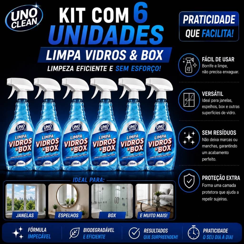 Kit 6 Limpa Vidros e Box Blindex Banheiro 500ml Remove Calcário Mancha Espelho Vidraça Brilho Imediato