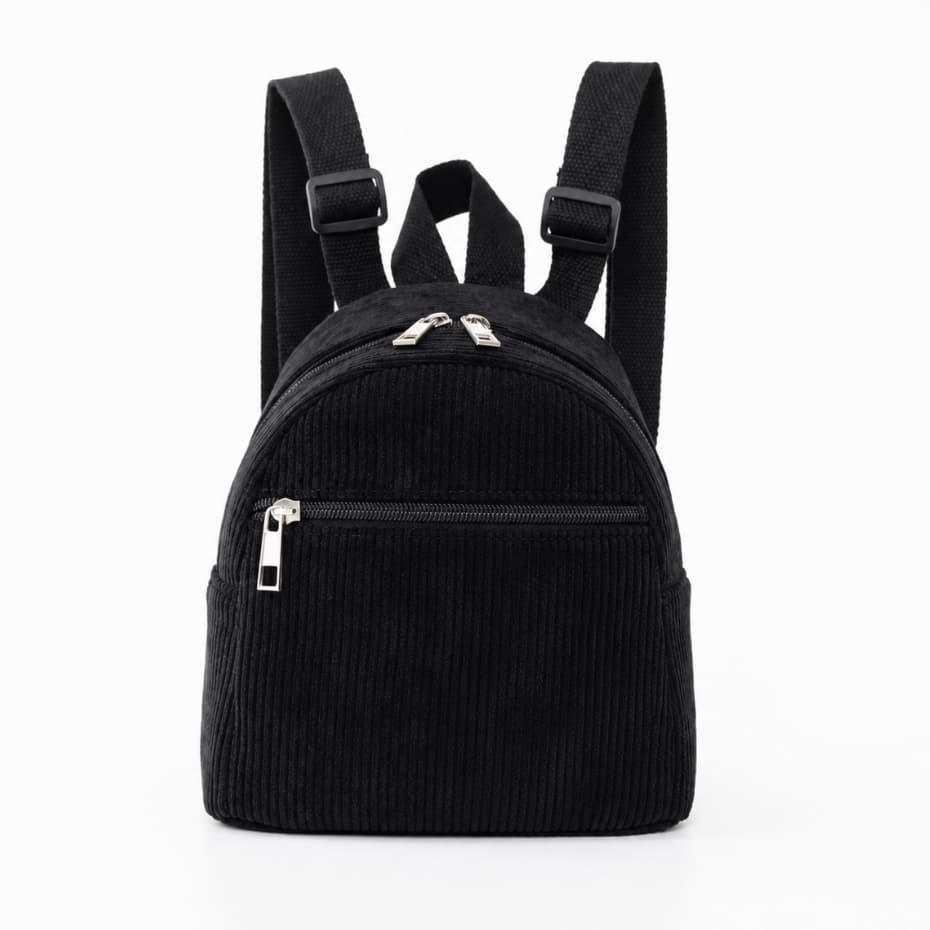 Mini Mochila Feminina Veludo Cotelê Pequena Casual com Bolso Frontal e Alças Ajustáveis