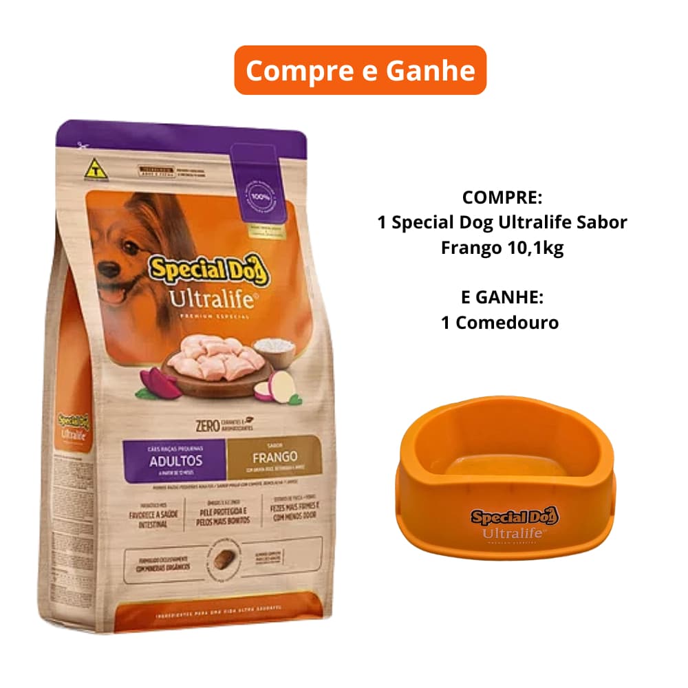 Ração Special Dog Ultralife Adultos Raças Pequenas Sabor Frango ou Cordeiro 10,1kg + Brinde 1 Comedouro